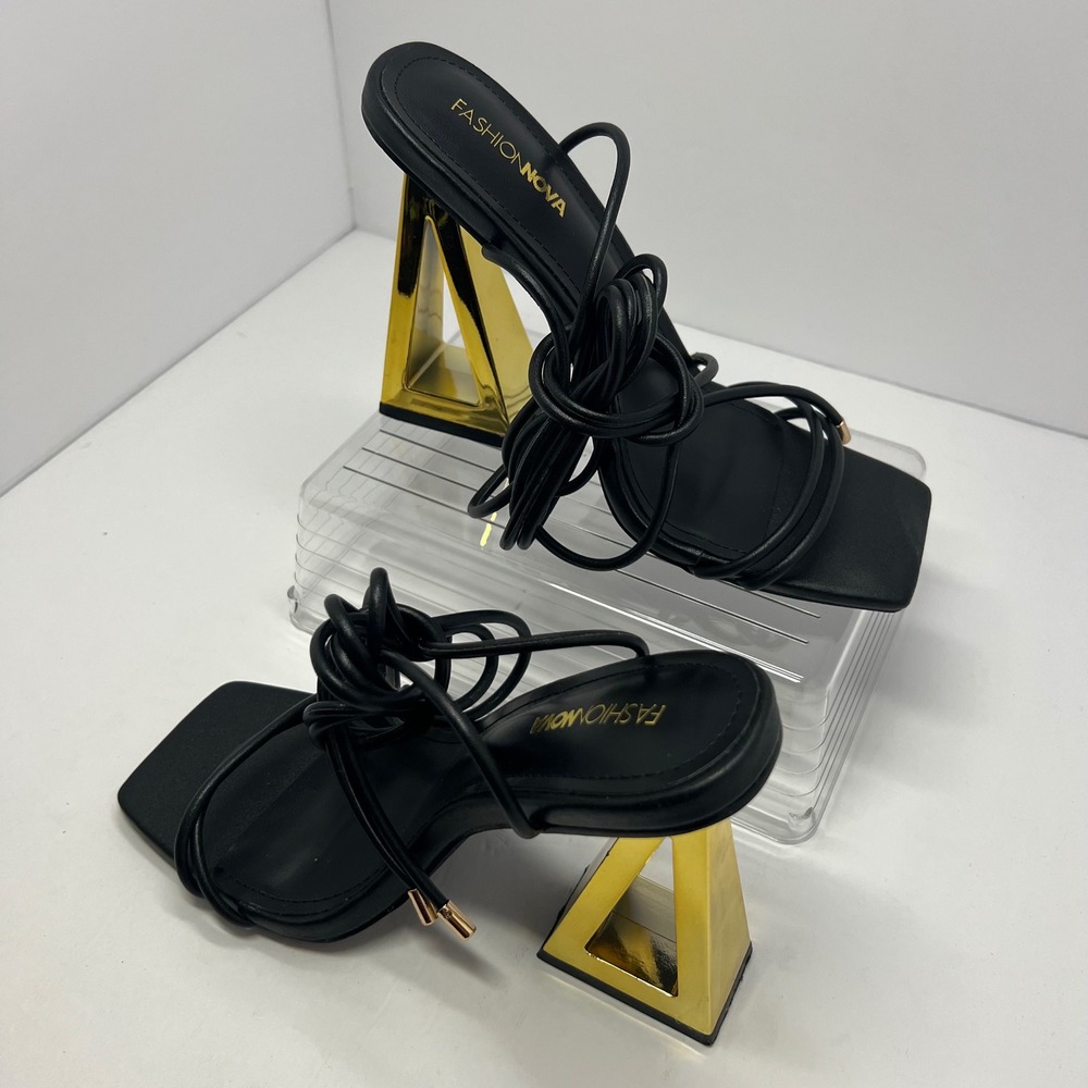 FASHION NOVA Lace Up Sandals Women 7.5‎ Black Gold Excellent Sculptural Heel Tie